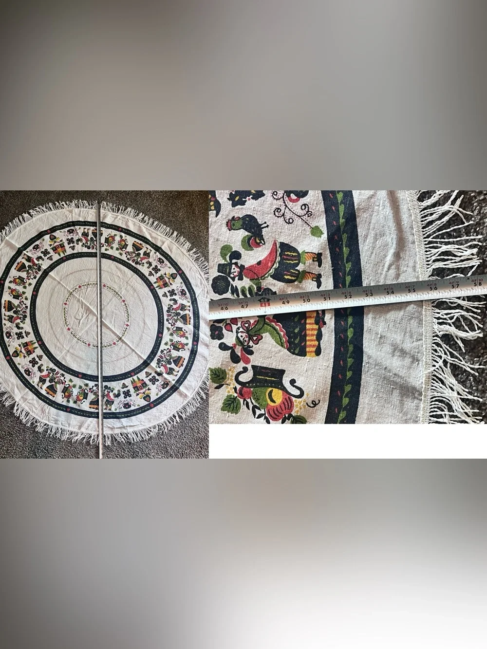 Set of 2 1950s tablecloths Pennsylvania PA Dutch Folk Art 56” Round & floral sq